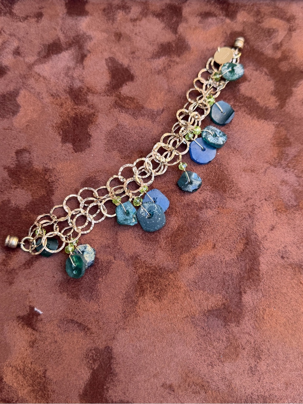 Carol Lipworth Designs Mixed Blue Gemstone Disk & Peridot Accent Charm Bracelet